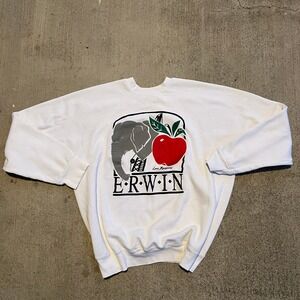 Vintage ERWIN Elephant Apple Graphic Sweatshirt White Mens‎ 80s 90s USA Made